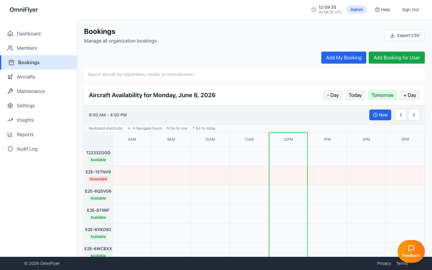 OmniFlyer booking calendar showing aircraft availability by day