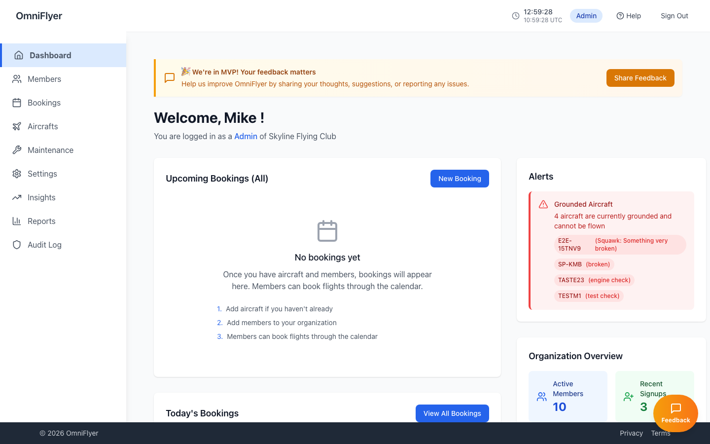 OmniFlyer admin dashboard with fleet status and alerts